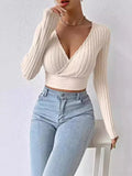 Short Deep V-neck Slim-fit Long Sleeve Knitted Sweater